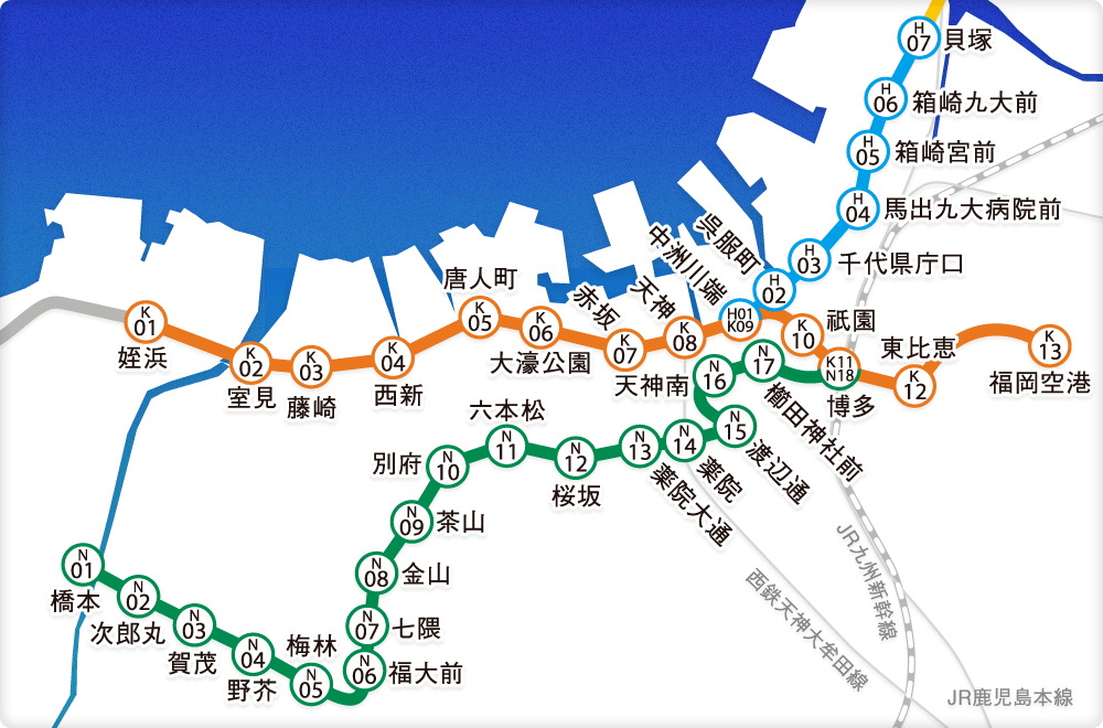 福岡市地下鉄　各駅時刻表　※N：七隈線　K：空港線　H：箱崎線