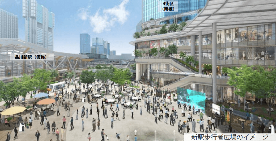 高輪ゲートウェイ駅前の広場と再開発ビル低層部のイメージ